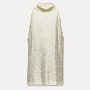 Zara Foiled Ribbed Halter Neck Mock Neck Tank Top Gold Metallic